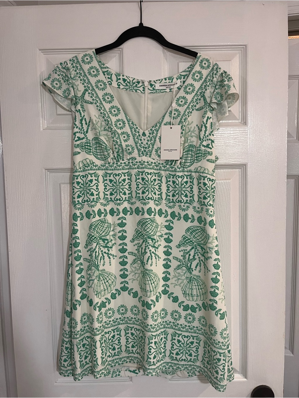 Amanda Uprichard Quinta dress - White & Mint Green Printed V-Neck Dress - size L